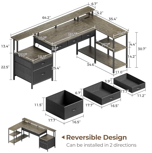 L Shaped Desk with File Drawers, Power Outlet & LED Lights, Corner Computer Desk with Monitor Stands Z425