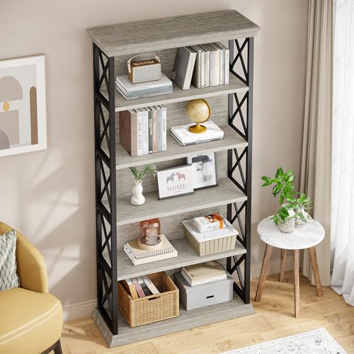 6-Tier Industrial Bookcase, 71 Inches Tall, Floor Standing Storage Shelves for Home Office, Brown and Black V7912