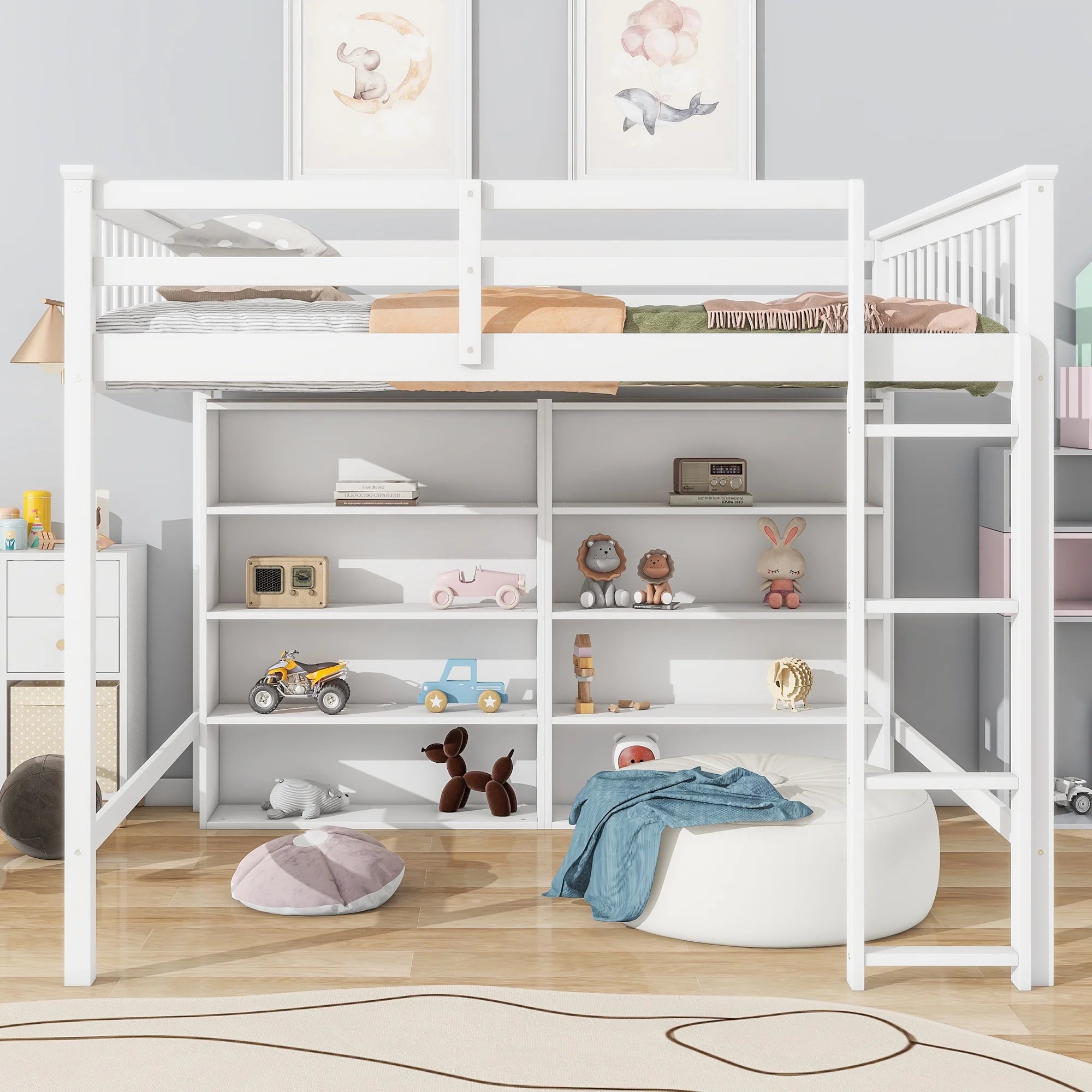 Wood Full Size Loft Bed with 8 Open Storage Shelves and Built-in Bookcase, White U209714