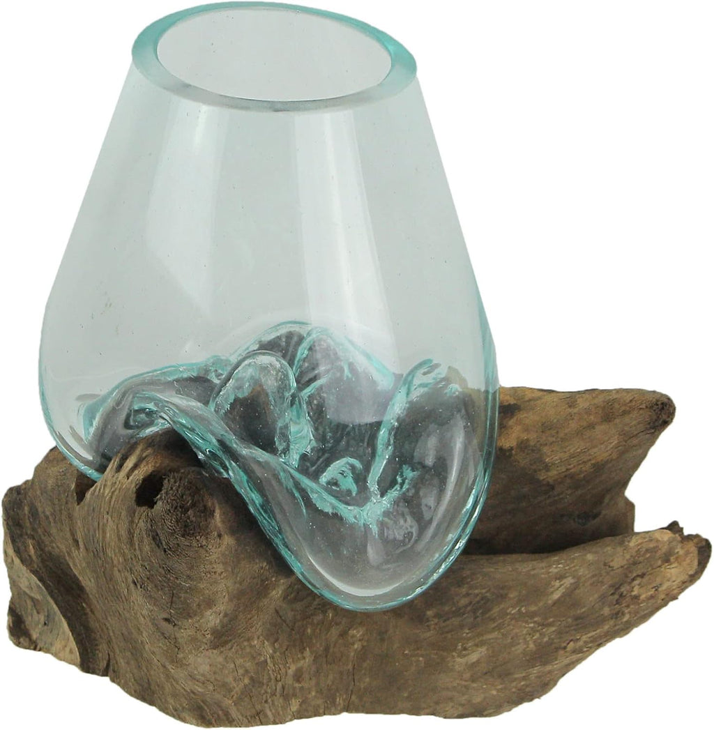 Melted Glass and Teak Driftwood Centerpiece Bowl Sculpture, 7-Inch N899199