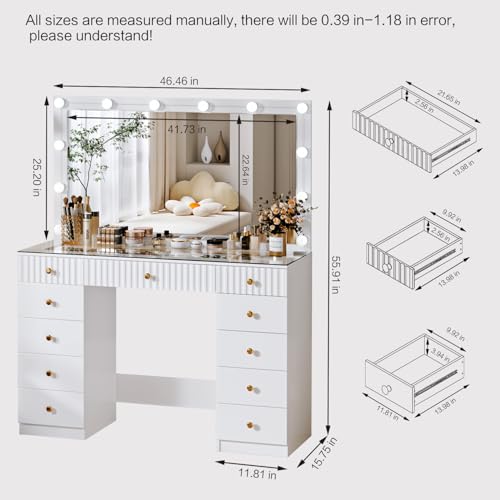 Makeup Vanity Desk with Mirror and Lights, Glass Top, 9 Drawers M5813