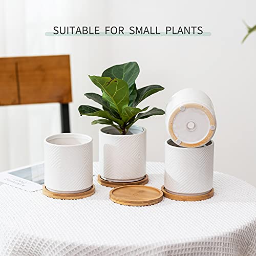 Ceramic Plant Pots with Drainage Holes and Bamboo Saucers, Set of 4, White A8472