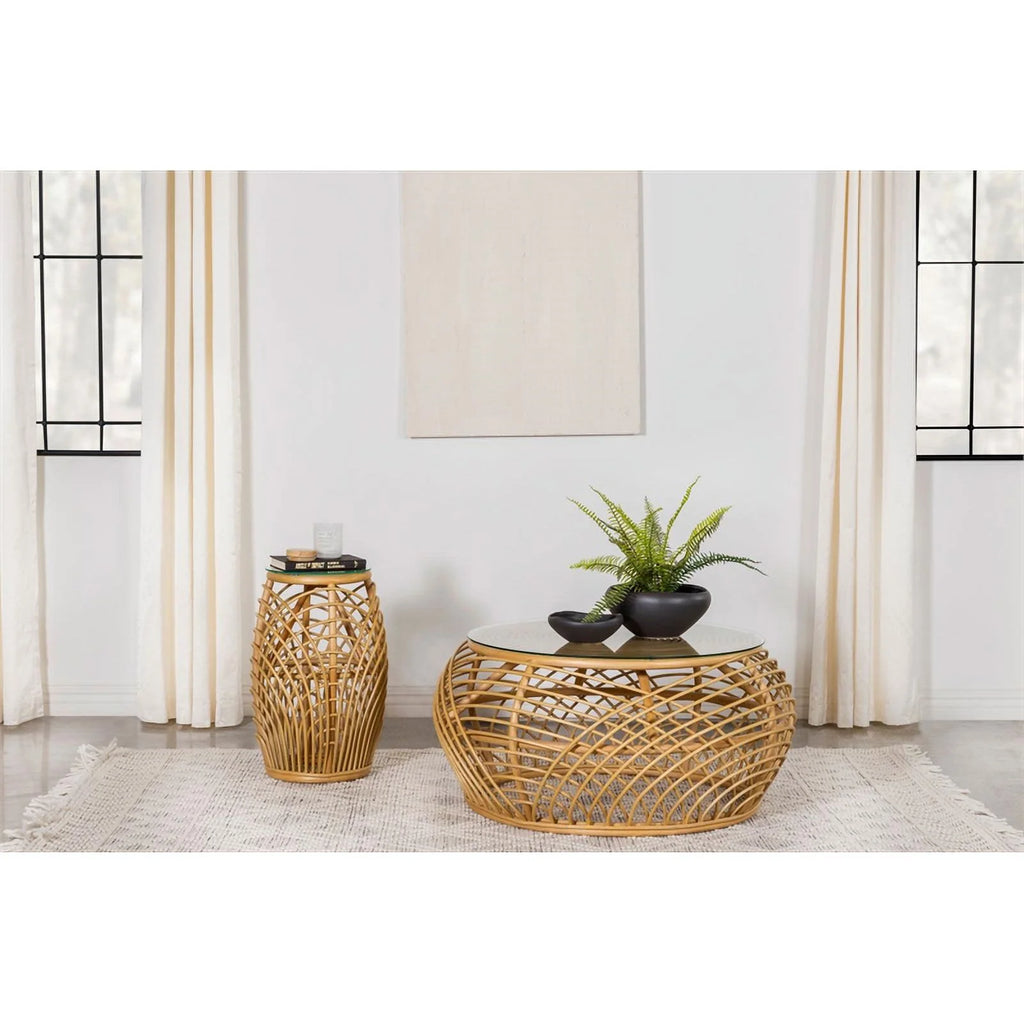 Round Glass Top Woven Rattan Coffee Table N1393