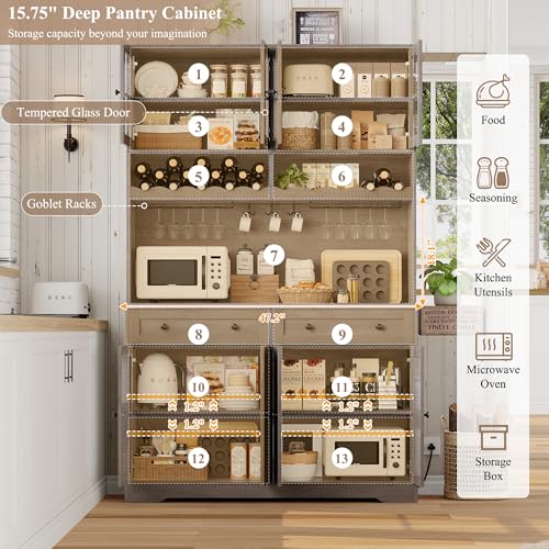 75.4" Tall Kitchen Pantry Cabinet with Charging Station, White, Glass Doors M88445