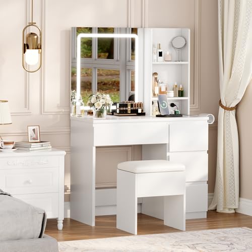 Vanity Desk with Mirror and Lights, 4 Drawers and Storage Stool D711