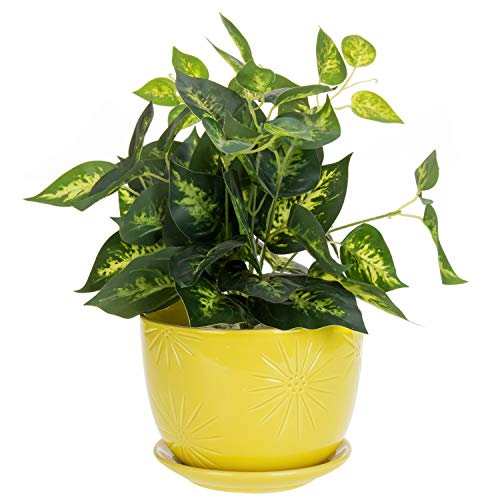 MyGift 7 Inch White Ceramic Indoor Plant Pot with Drainage Hole and Attached Saucer, Decorative Sunburst Design Round Planter Container