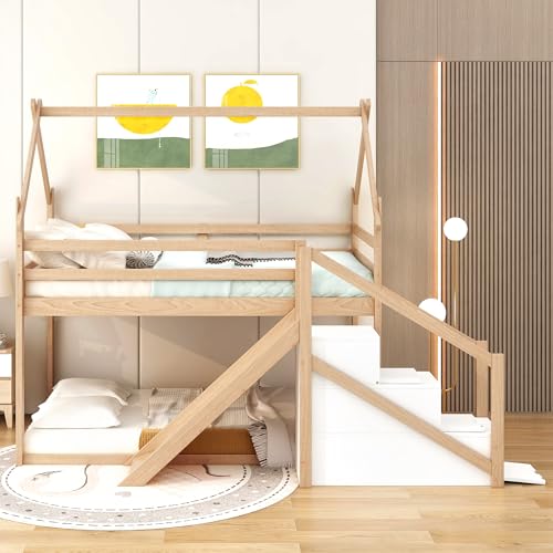 Wood House Loft Bed Frame with Slide and Storage Shelves Z806