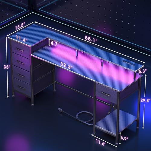 47 Inch Computer Gaming Desk with Power Outlets LED Lights and Storage Drawers I77165