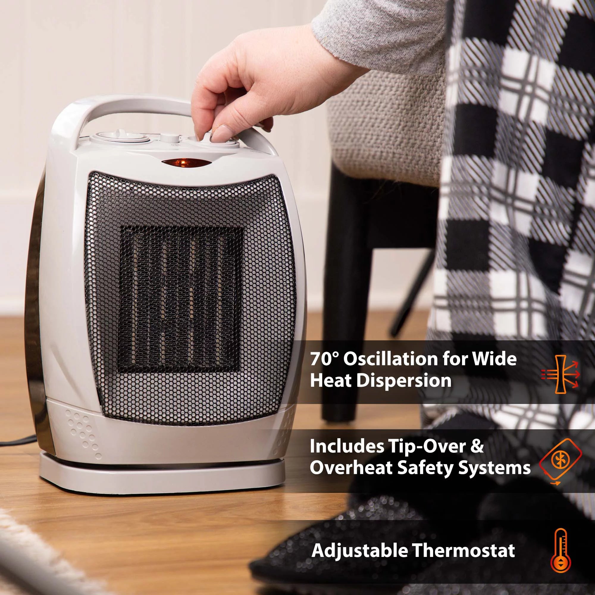 Oscillating Ceramic Heater, 1500W, Adjustable Thermostat E7454