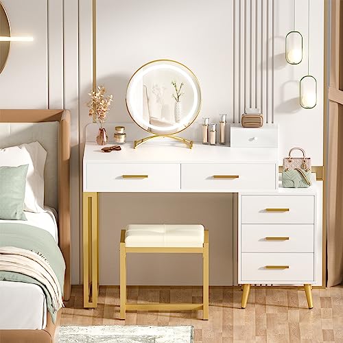White Vanity Desk with Mirror and Lights, 6 Drawers and Stool Z334