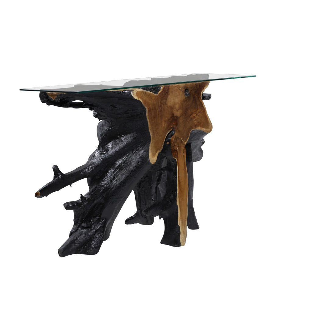 Black Teak Wood Live Edge Console Table with Clear Glass Top X4060