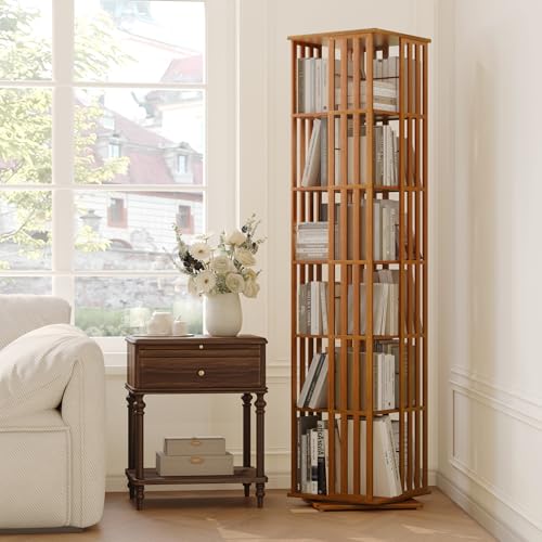 Rotating Bookshelf Tower, 360 Spinning Bamboo Bookcase, 6 Tier Floor Standing Storage Rack U3081