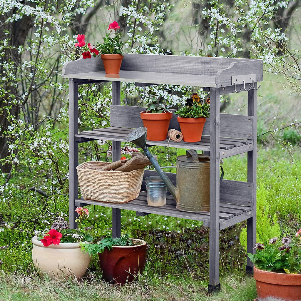 Wooden Potting Bench Table with Metal Tabletop and Storage Shelf A212159