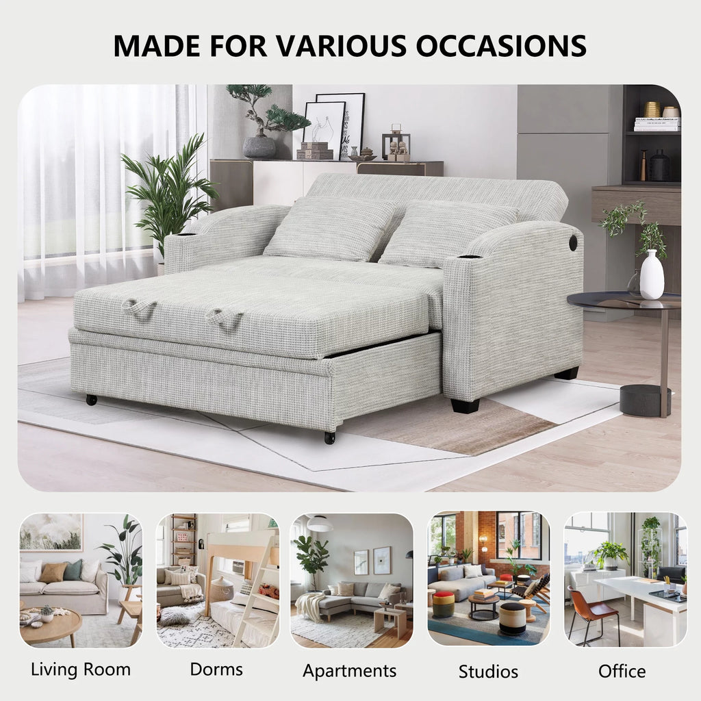 65" Pull Out Sofa Bed Chenille Convertible Loveseat with Adjustable Backrest W33639