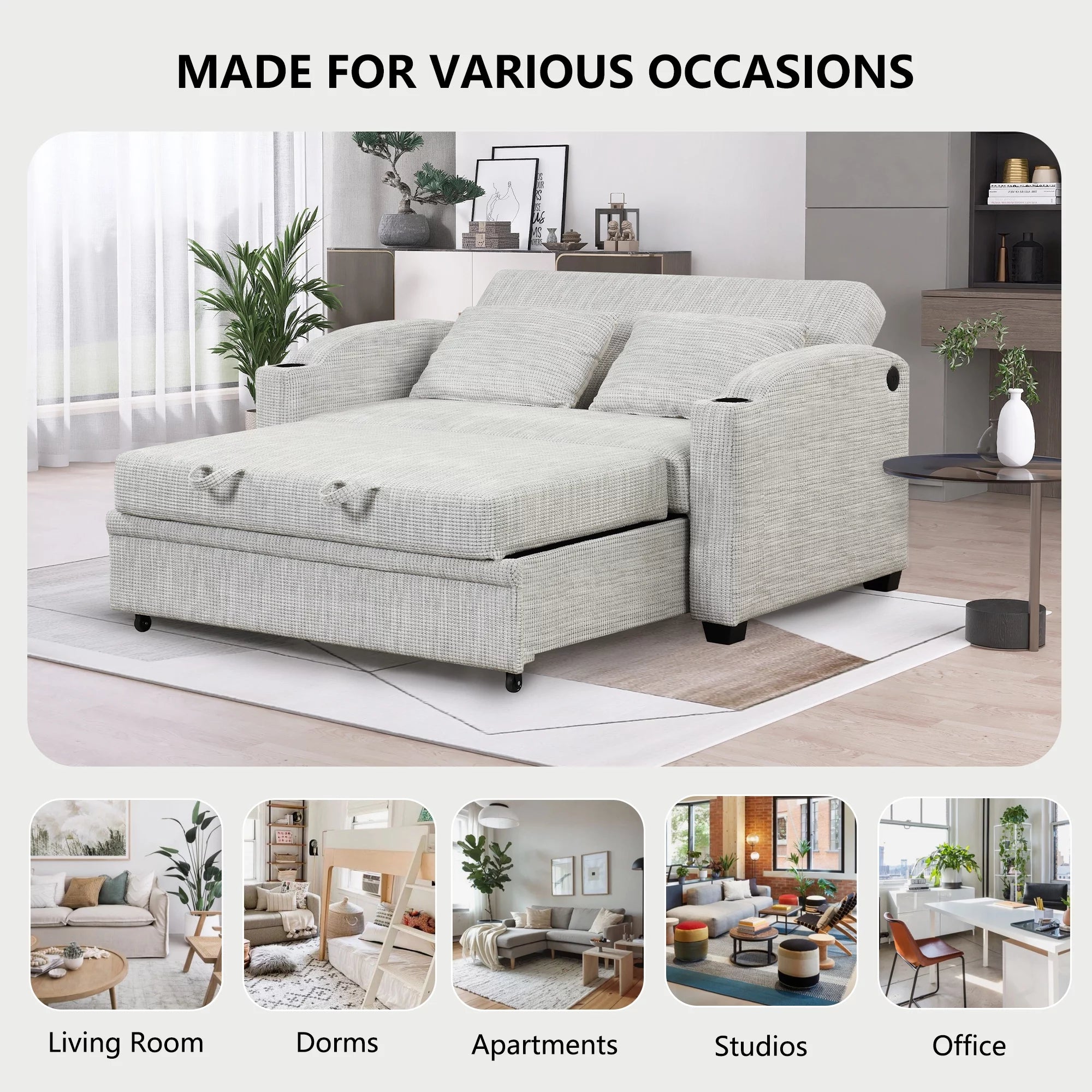 65" Pull Out Sofa Bed Chenille Convertible Loveseat with Adjustable Backrest W33639