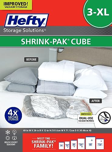 Hefty Shrink-Pak Vacuum Storage Bags - Space Saver Vacuum Storage Bags for Under Bed Storage, Clothing and Comforter Storage, Odor Resistant, 3X More Storage Space - 3 Large, 3 XL Vacuum Storage Bags