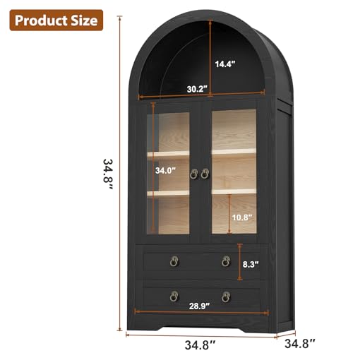 Arched Bookshelf Pantry Cabinet with Drawers and Shelves, 71" Tall M5569