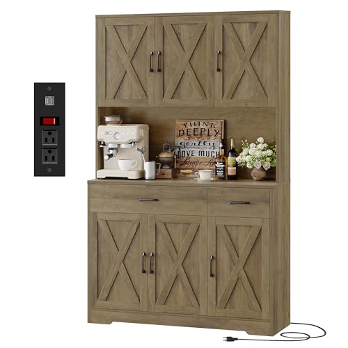 71" Tall Pantry Cabinet with Charging Station and Microwave Stand L63097