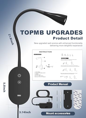 Wall Mounted Reading Light Set of 2, Dimmable Touch Control USB, LED Flexible Gooseneck T698514