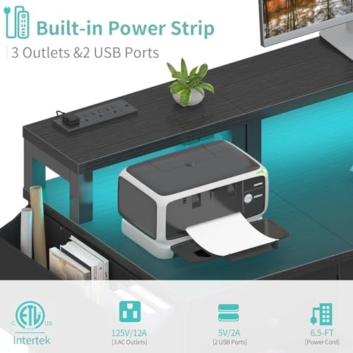 Gaming Desk with LED Lights and Power Outlets, 47 Inch Computer Desk with Fabric Drawers U2584
