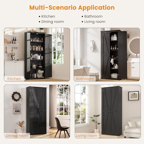Farmhouse Pantry Cabinet with 6 Shelves and Barn Doors, Brown K34379