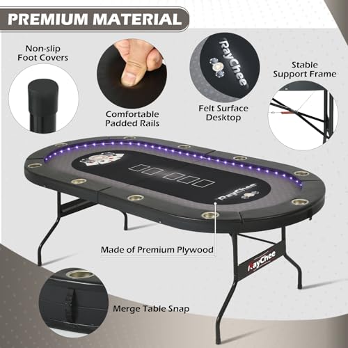 LED Poker Table, 10 Player Foldable Texas Holdem with LED Lights, USB Ports, Cup Holders A93805