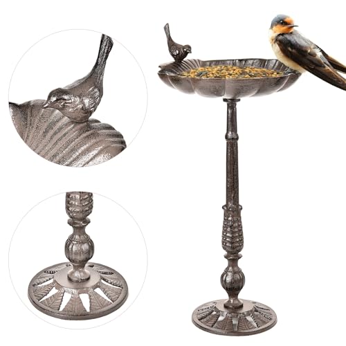 Heavy Duty Cast Iron Tall Bird Bath for Garden, Shell-Shape Metal Bird Feeder Fountain Bowl, Outdoor Yard Deck Standing Birdbath Y473075