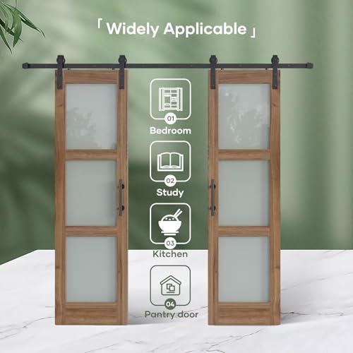 Double 18 x 84 inch Glass Barn Door with Hardware Kit & Handle Included, 3-Panel Frosted Glass, Need Assembly S404