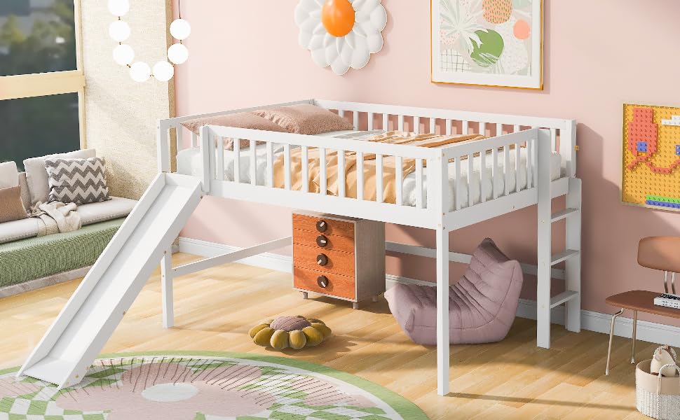 Wood House Loft Bed Frame with Slide and Storage Shelves Z806