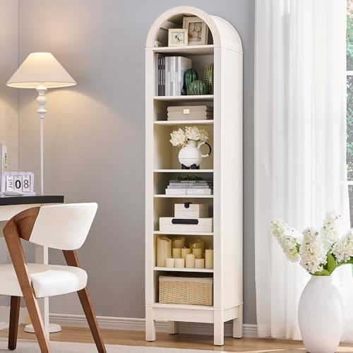71" Tall Arched Bookshelf, 7 Tiers Arch Bookcase with Storage, Modern Farmhouse Book Shelf with Adjustable Shelves, Wood Bookshelf w/Open Display Shelves for Living Room, Office (Natural)