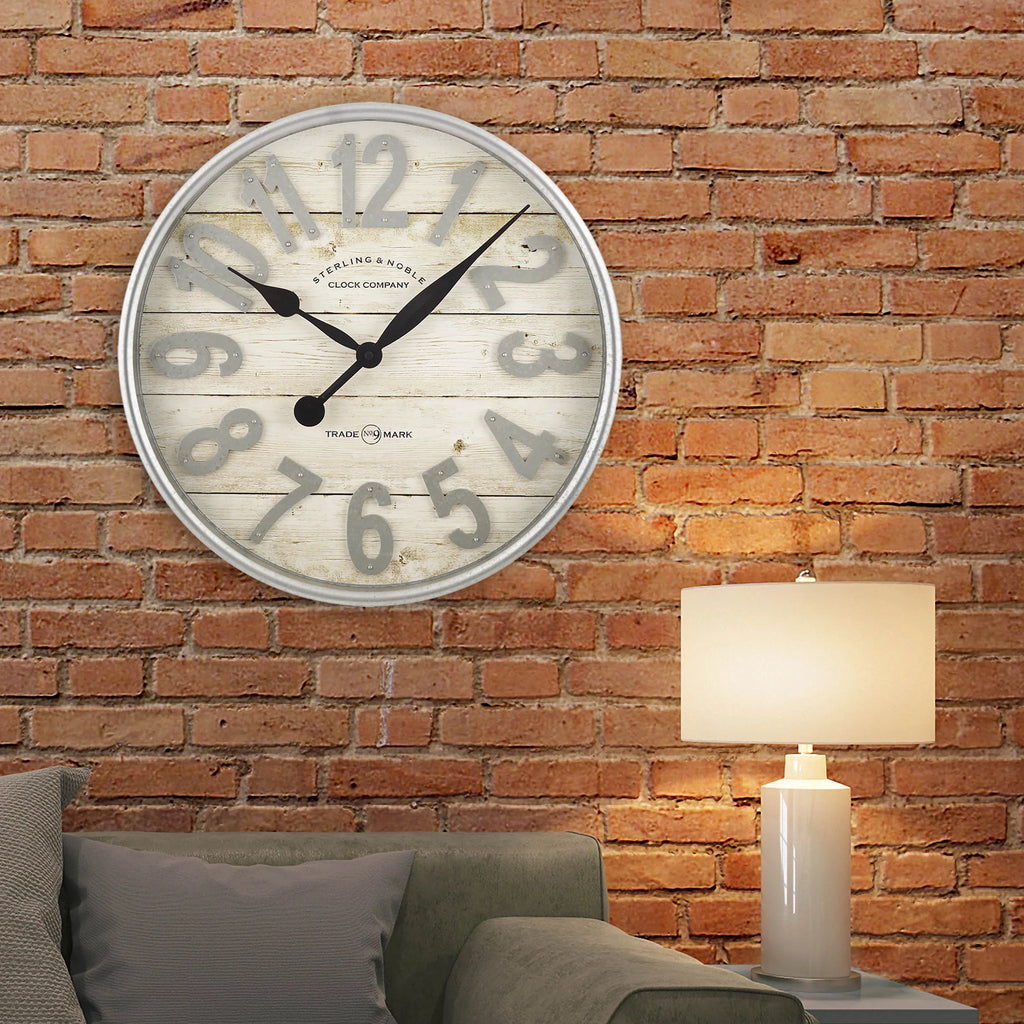 Indoor 20" White and Galvanized Raised Farmhouse Wall Clock I464397