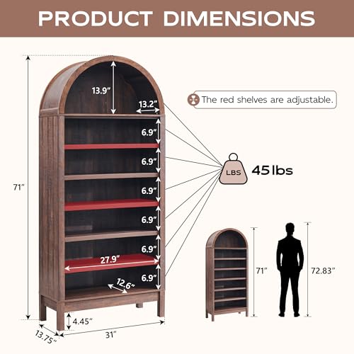 Arched Bookshelf, 7-Tier Bookcase with Adjustable Shelves A456