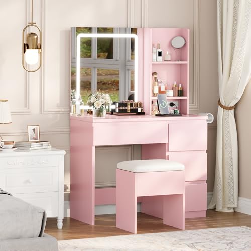 Vanity Desk with Mirror and Lights, 4 Drawers and Storage Stool D711