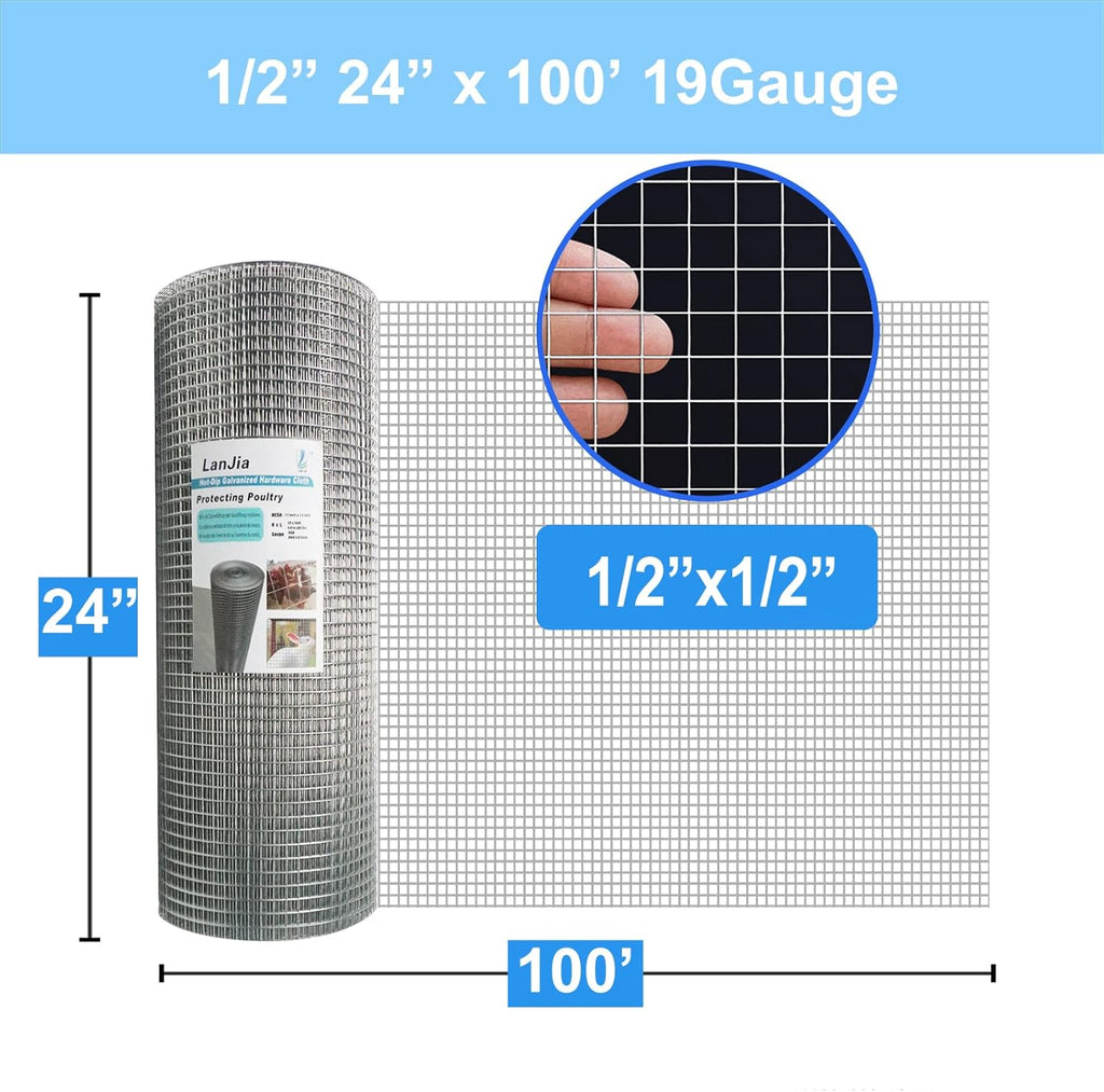 1/2 inch Galvanized Hardware Cloth 24 x 100 ft 19 Gauge Welded Wire Mesh E1729