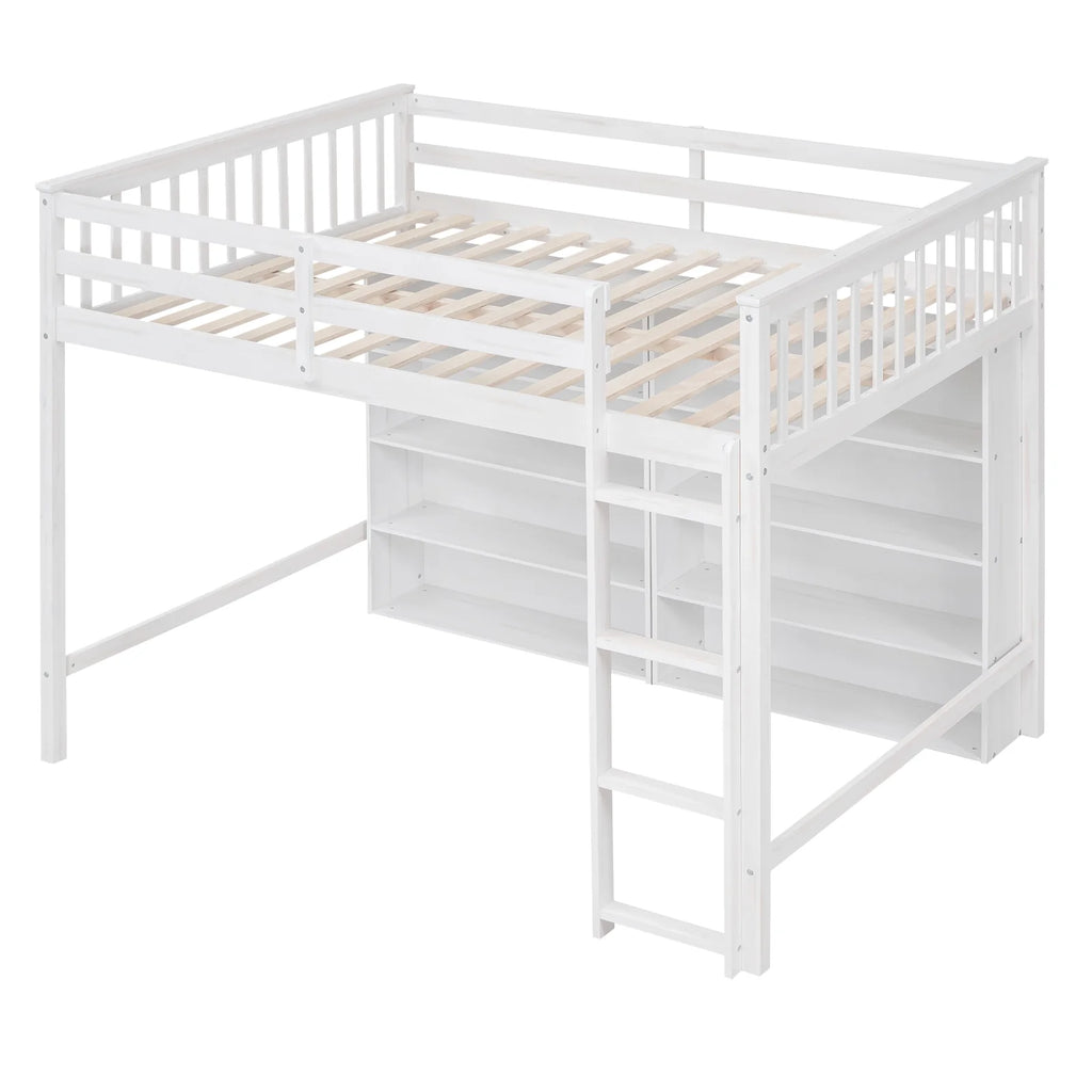 Wood Full Size Loft Bed with 8 Open Storage Shelves and Built-in Bookcase, White U209714