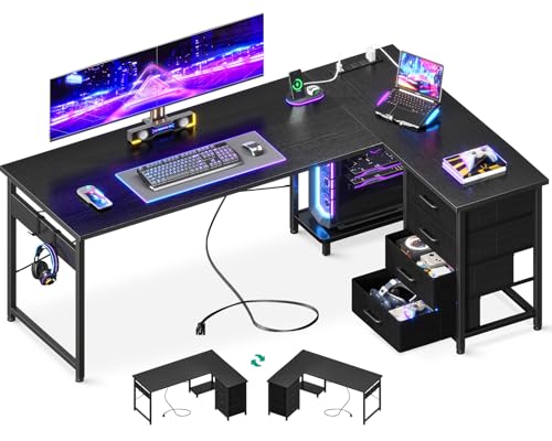 L Shaped Desk with 4 Tier Drawers, Power Outlets & USB, Corner Computer Desk with CPU Stand U4256