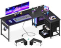 L Shaped Desk with 4 Tier Drawers, Power Outlets & USB, Corner Computer Desk with CPU Stand U4256