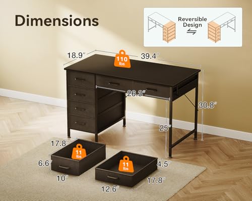 Computer Desk with 6 Drawers, 40 Inch Small Desk with Storage L2851