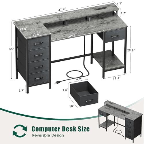 47 Inch Computer Gaming Desk with Power Outlets LED Lights and Storage Drawers I77165