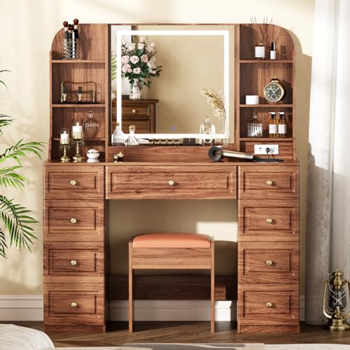 Makeup Vanity Desk with Mirror and Lights, Glass Top, 9 Drawers M5813