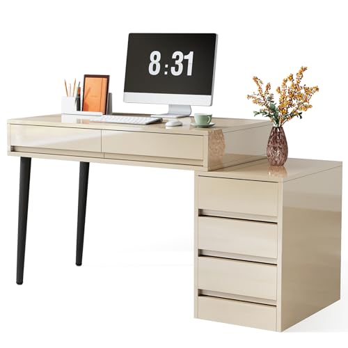 Gloss Desk with 5 Drawers, Modern Home Office Desk with Storage and Printer Stand W15196