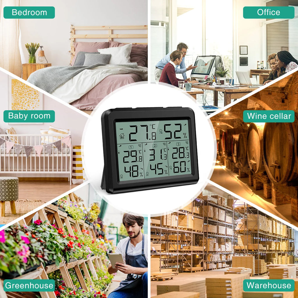 Indoor Outdoor Thermometer with 3 Wireless Sensors, Black F208786
