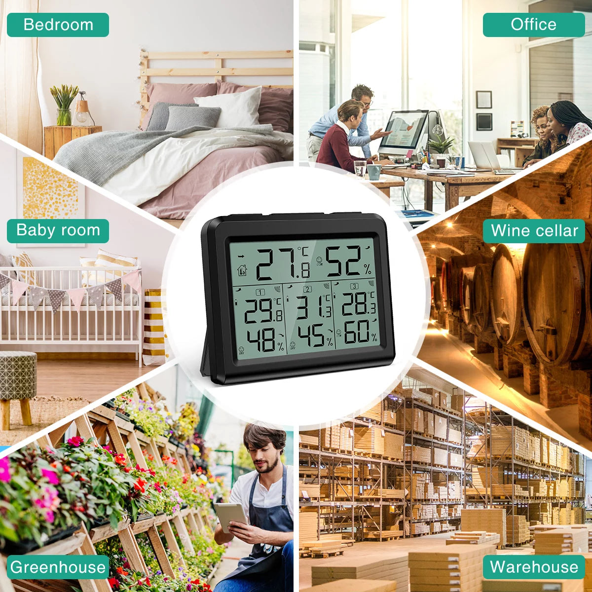 Indoor Outdoor Thermometer with 3 Wireless Sensors, Black F208786