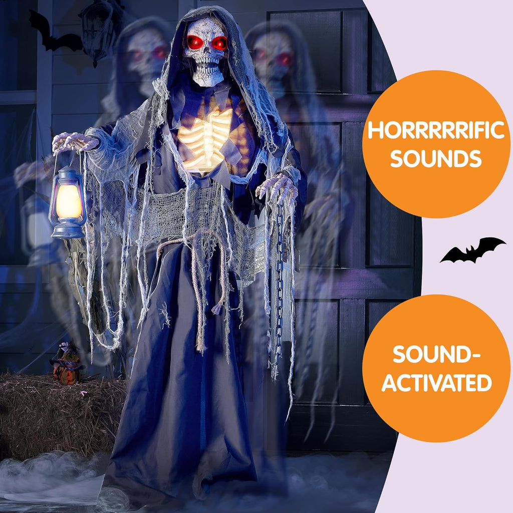 Halloween Animatronics Standing Grim Reaper Decoration with Light-Up Eyes and Moving Arms K979928