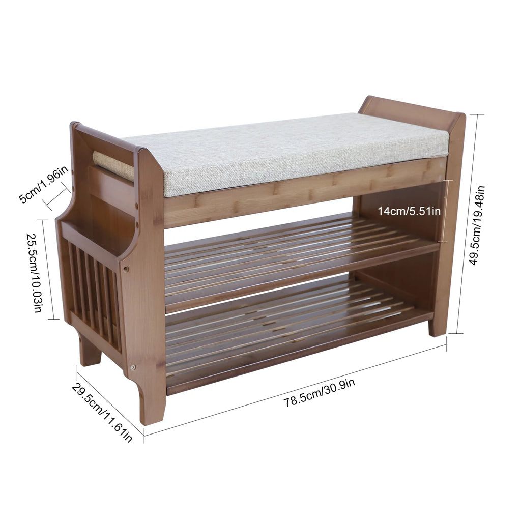 Bamboo 2 Tier Shoe Rack Bench with Soft Seat for Entryway M310