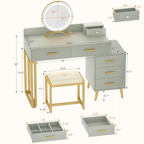 White Vanity Desk with Mirror and Lights, 6 Drawers and Stool Z334