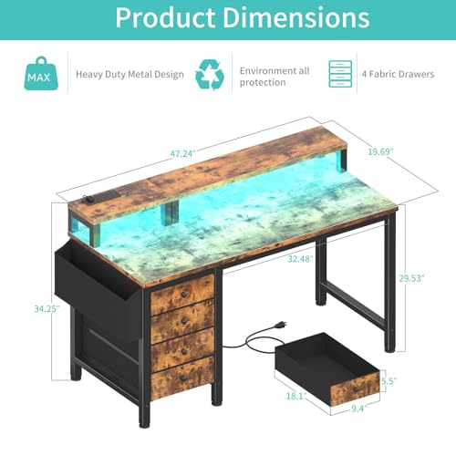 Gaming Desk with LED Lights and Power Outlets, 47 Inch Computer Desk with Fabric Drawers U2584