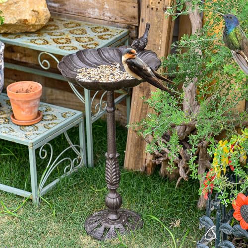 Heavy Duty Cast Iron Tall Bird Bath for Garden, Shell-Shape Metal Bird Feeder Fountain Bowl, Outdoor Yard Deck Standing Birdbath Y473075