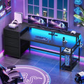 Office Desk with Drawers, Reversible Computer Desk with Storage, LED Lights & Power Outlet, Rustic Brown X65554
