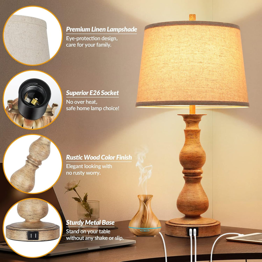 Set of 2 Touch Control Table Lamps with USB Ports, Dimmable, Cream Shades C7072